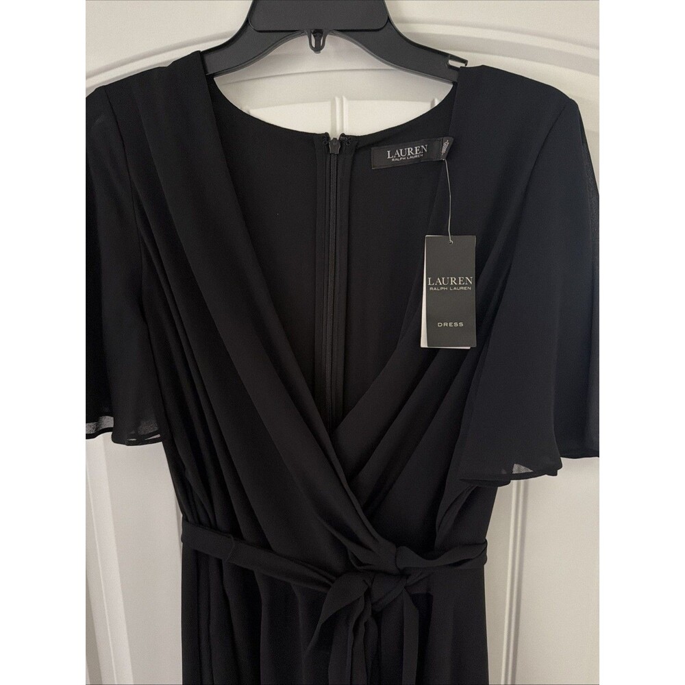 Lauren Ralph Lauren Women's Belted Fit & Flare Georgette Dress Rich Black 2 - Picture 7 of 12